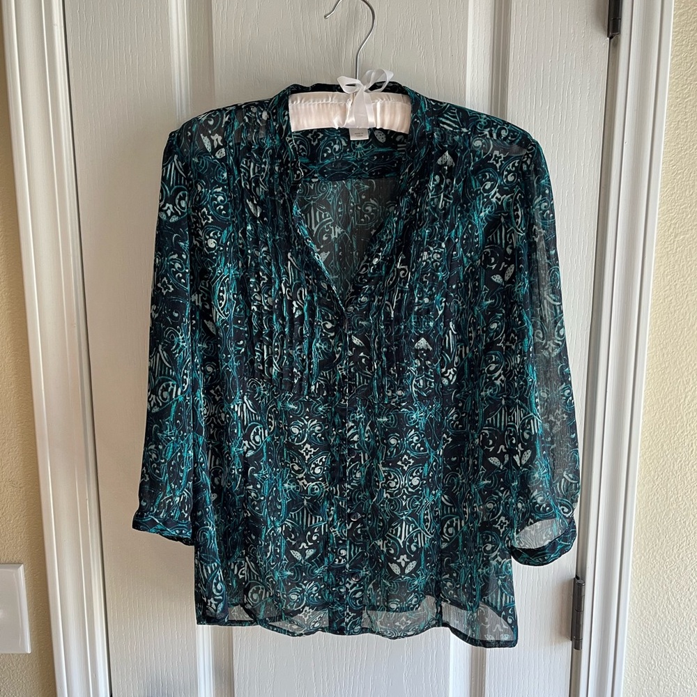 Christopher&Banks Elegant Sheer Green Patterned Women's Top Size L